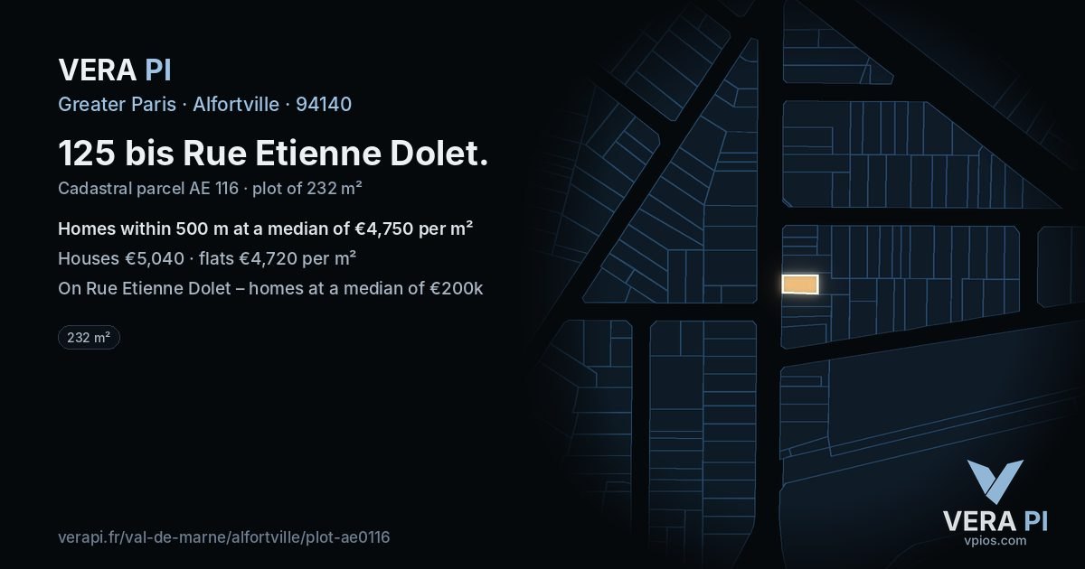 125 bis Rue Etienne Dolet, Alfortville at night – the plot lit, the parcels around coloured by the prices near them