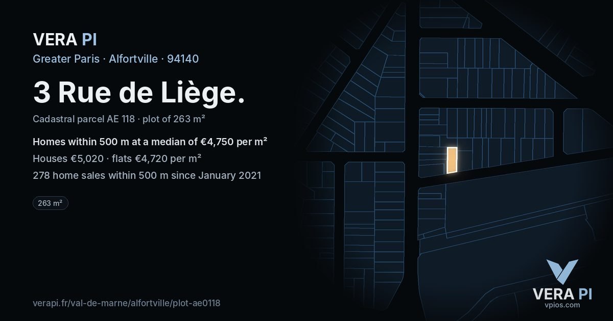 3 Rue de Liège, Alfortville at night – the plot lit, the parcels around coloured by the prices near them
