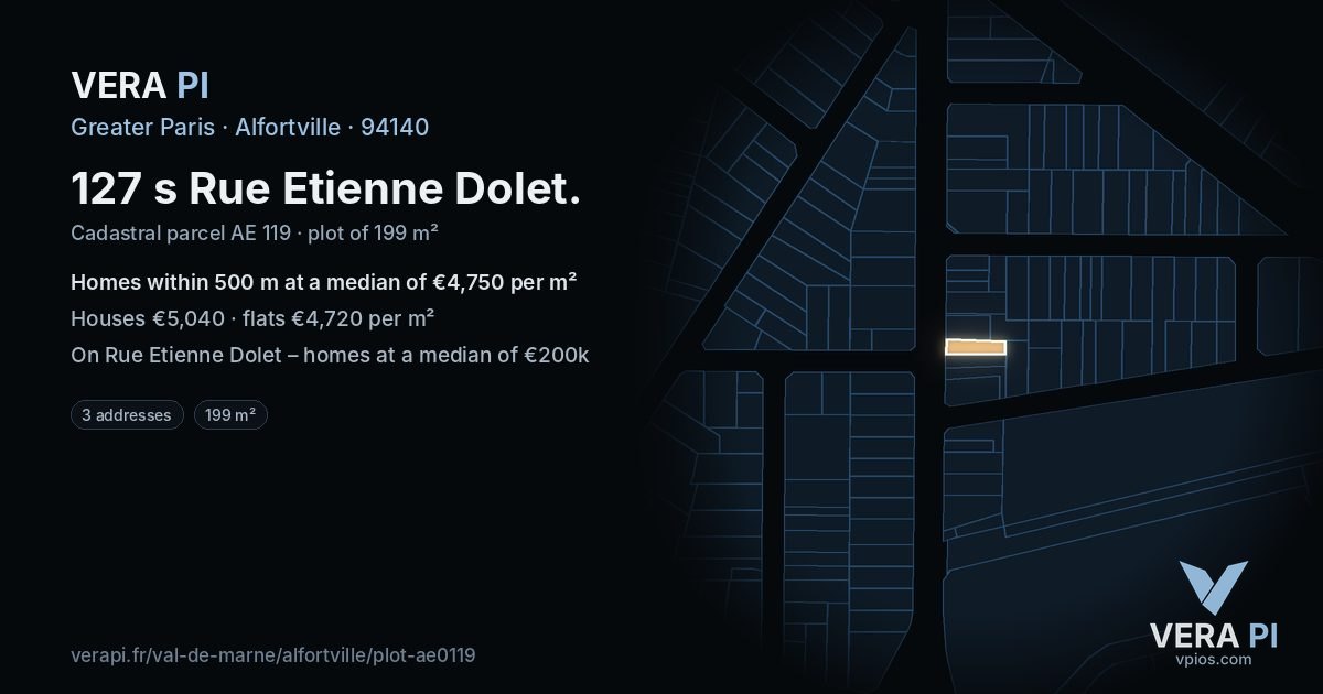 127 s Rue Etienne Dolet, Alfortville at night – the plot lit, the parcels around coloured by the prices near them