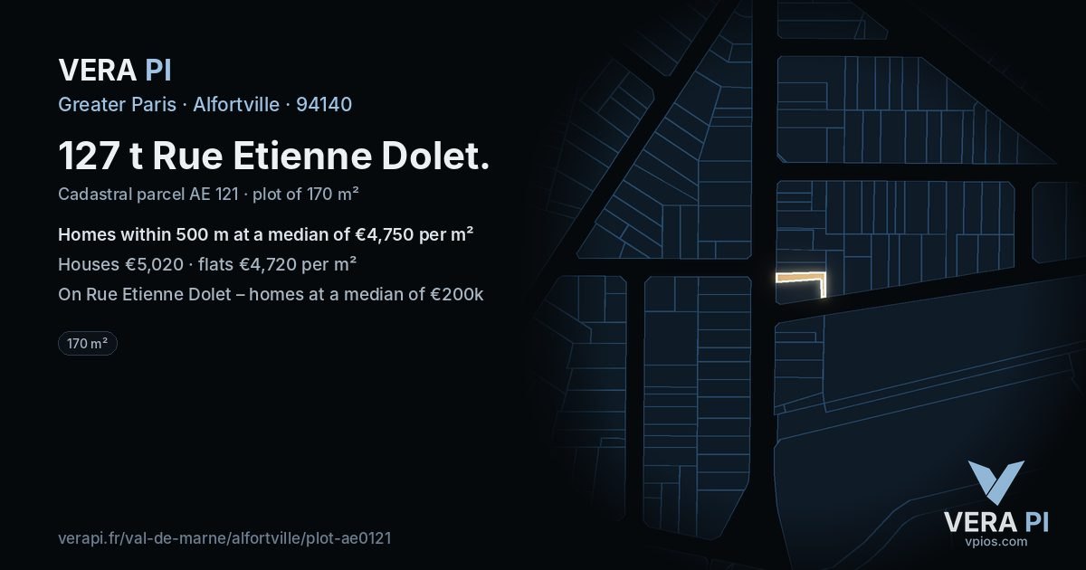 127 t Rue Etienne Dolet, Alfortville at night – the plot lit, the parcels around coloured by the prices near them