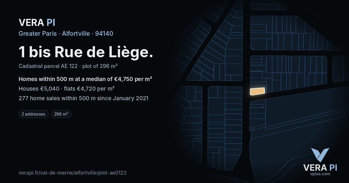 1 bis Rue de Liège, Alfortville at night – the plot lit, the parcels around coloured by the prices near them