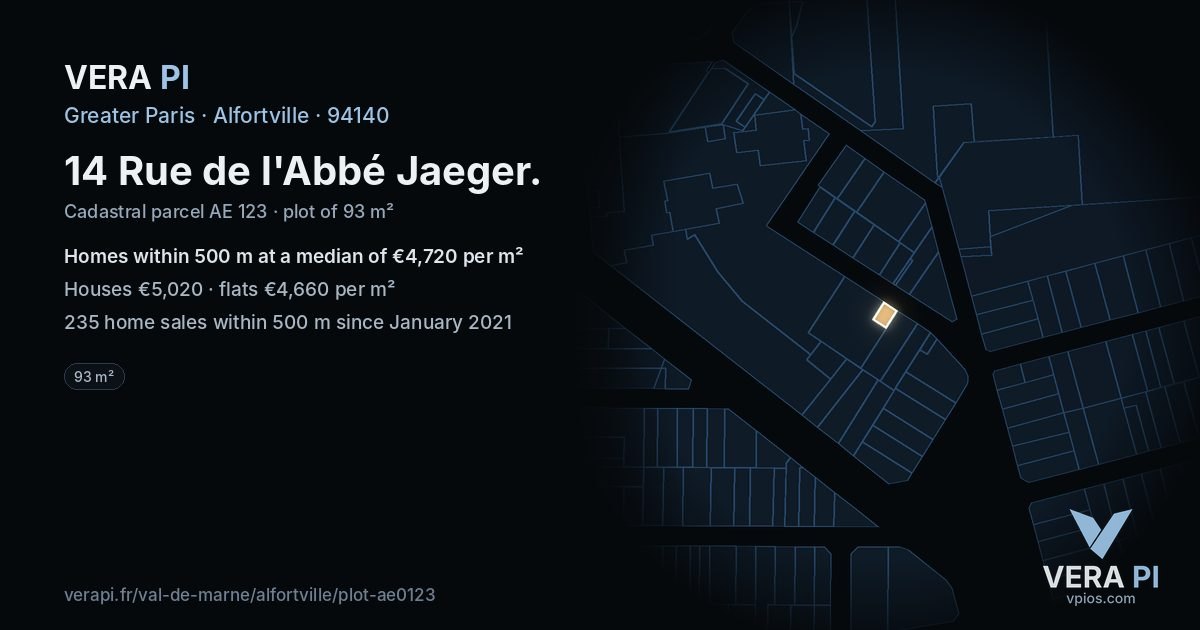 14 Rue de l'Abbé Jaeger, Alfortville at night – the plot lit, the parcels around coloured by the prices near them