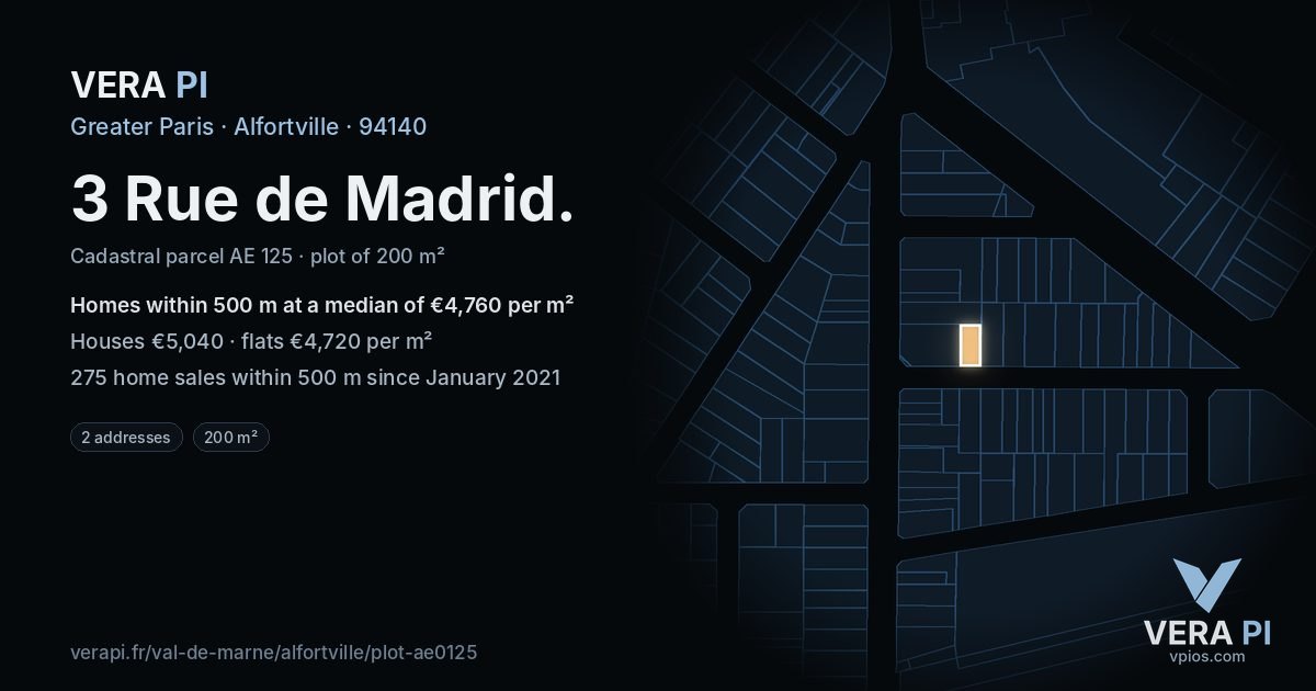 3 Rue de Madrid, Alfortville at night – the plot lit, the parcels around coloured by the prices near them