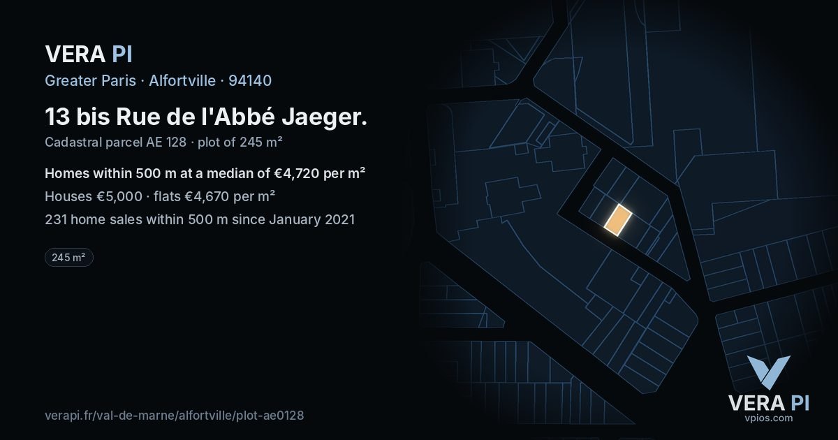 13 bis Rue de l'Abbé Jaeger, Alfortville at night – the plot lit, the parcels around coloured by the prices near them