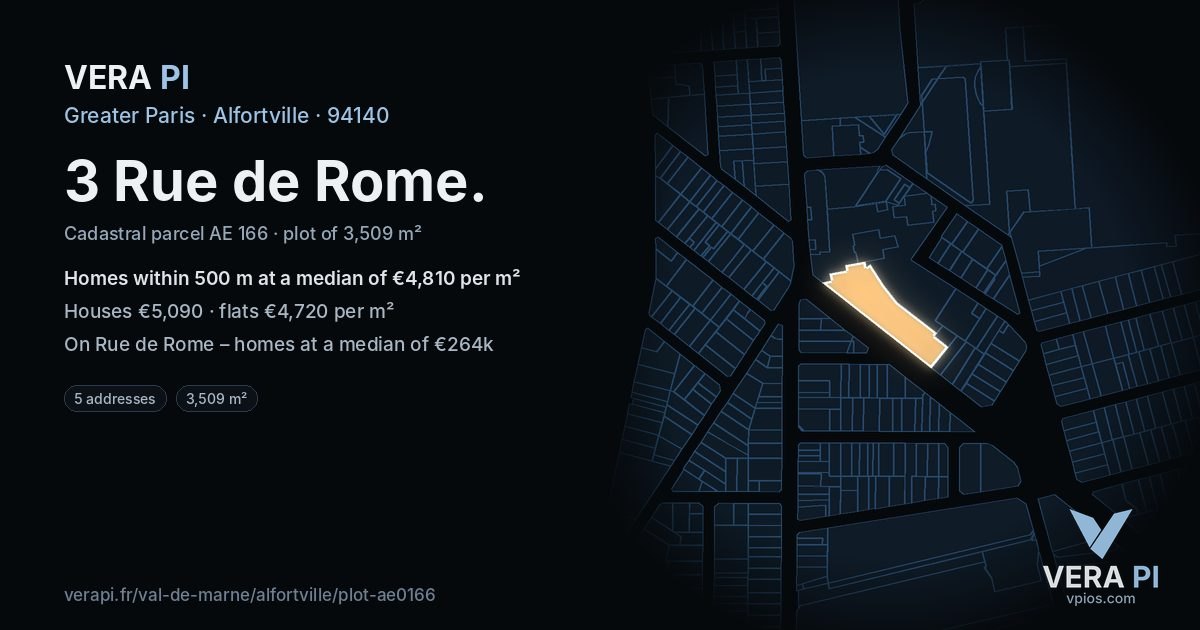 3 Rue de Rome, Alfortville at night – the plot lit, the parcels around coloured by the prices near them
