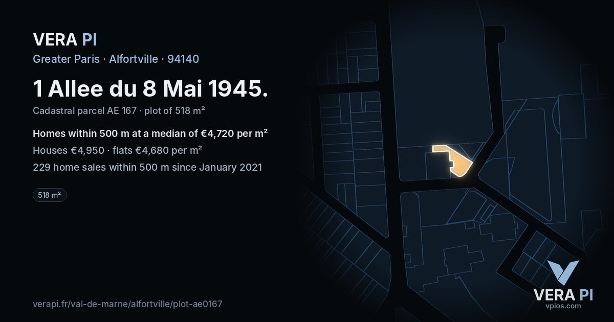 1 Allee du 8 Mai 1945, Alfortville at night – the plot lit, the parcels around coloured by the prices near them