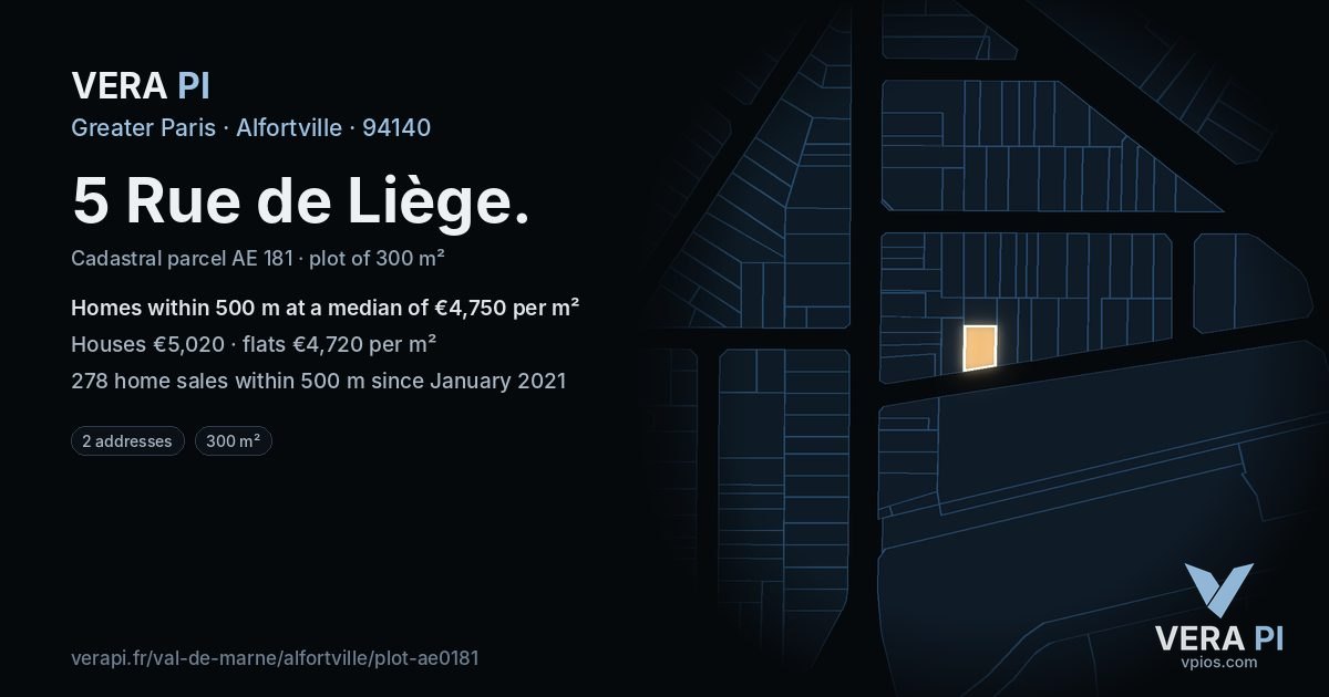 5 Rue de Liège, Alfortville at night – the plot lit, the parcels around coloured by the prices near them