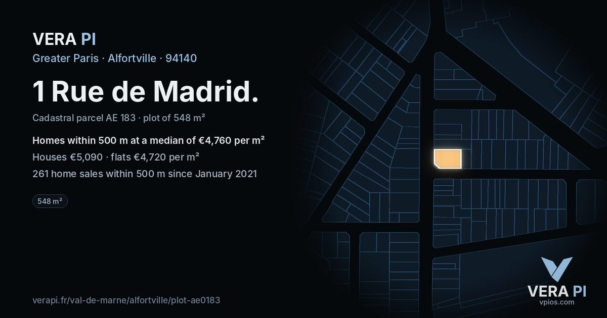 1 Rue de Madrid, Alfortville at night – the plot lit, the parcels around coloured by the prices near them