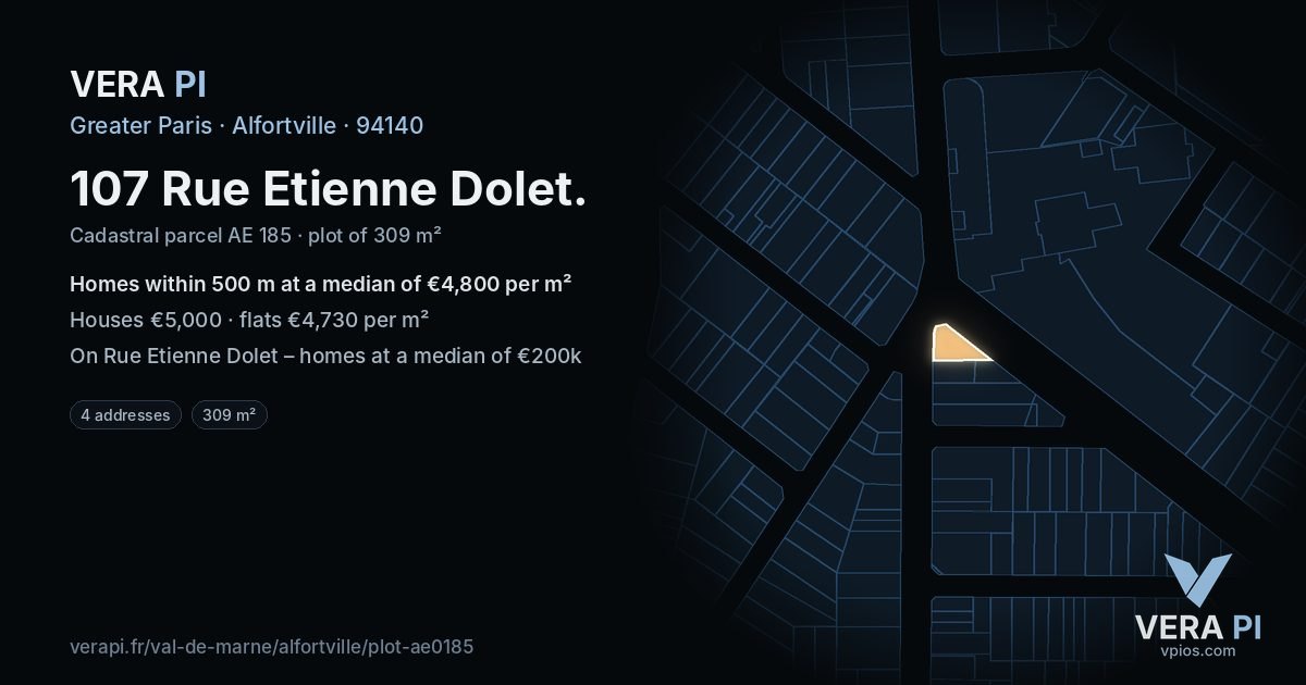107 Rue Etienne Dolet, Alfortville at night – the plot lit, the parcels around coloured by the prices near them