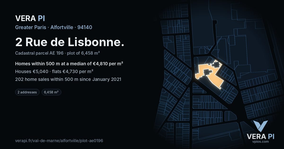 2 Rue de Lisbonne, Alfortville at night – the plot lit, the parcels around coloured by the prices near them