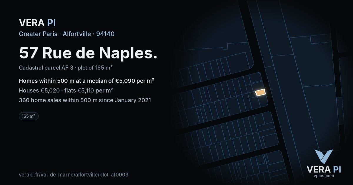 57 Rue de Naples, Alfortville at night – the plot lit, the parcels around coloured by the prices near them