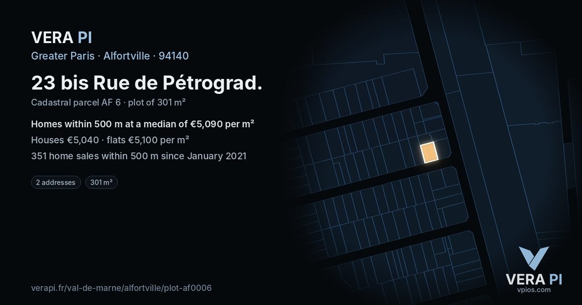 23 bis Rue de Pétrograd, Alfortville at night – the plot lit, the parcels around coloured by the prices near them