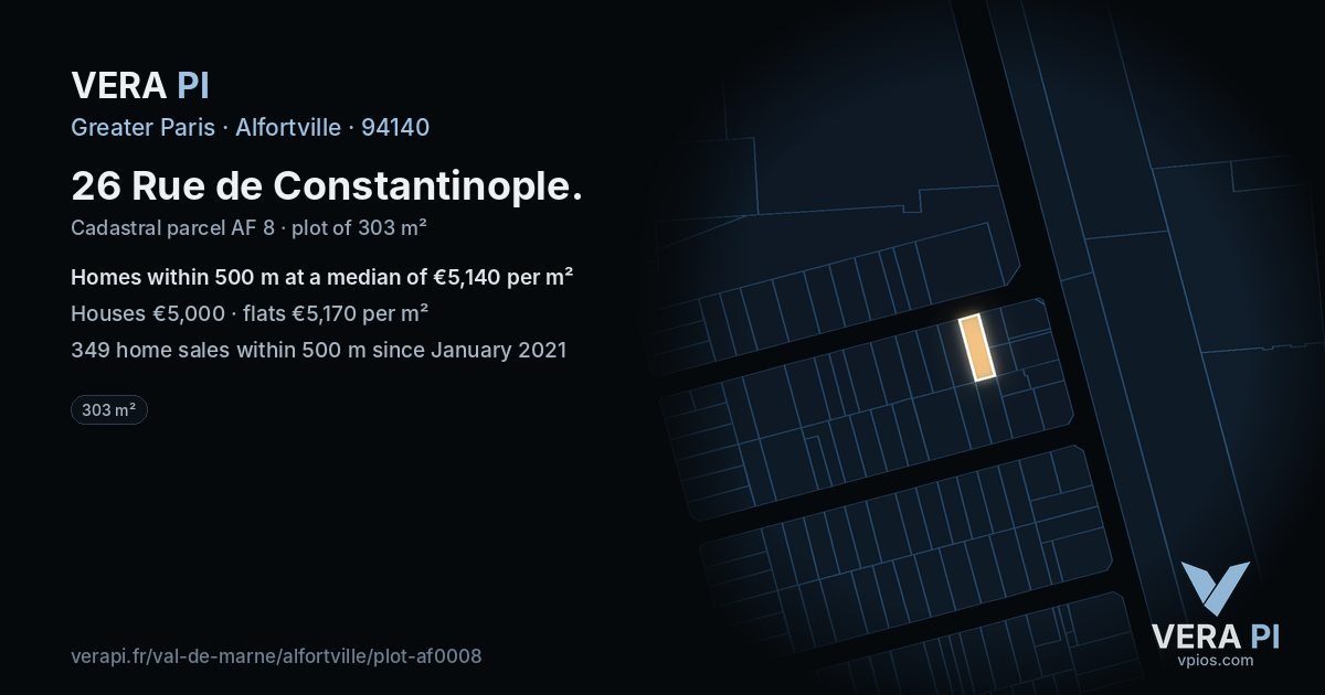 26 Rue de Constantinople, Alfortville at night – the plot lit, the parcels around coloured by the prices near them