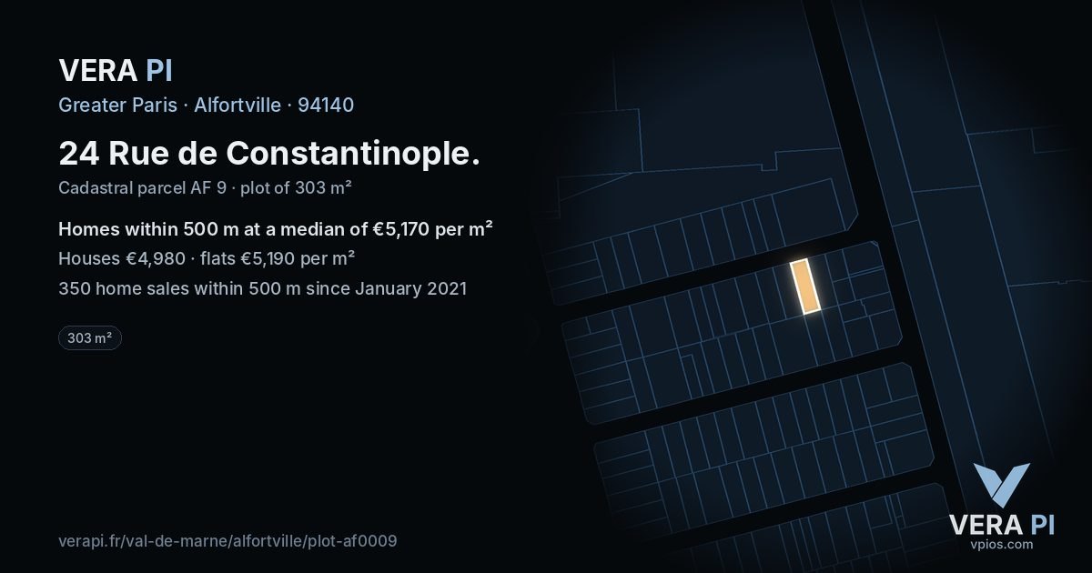 24 Rue de Constantinople, Alfortville at night – the plot lit, the parcels around coloured by the prices near them