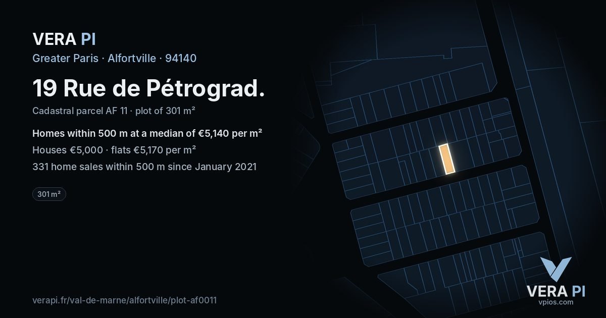 19 Rue de Pétrograd, Alfortville at night – the plot lit, the parcels around coloured by the prices near them