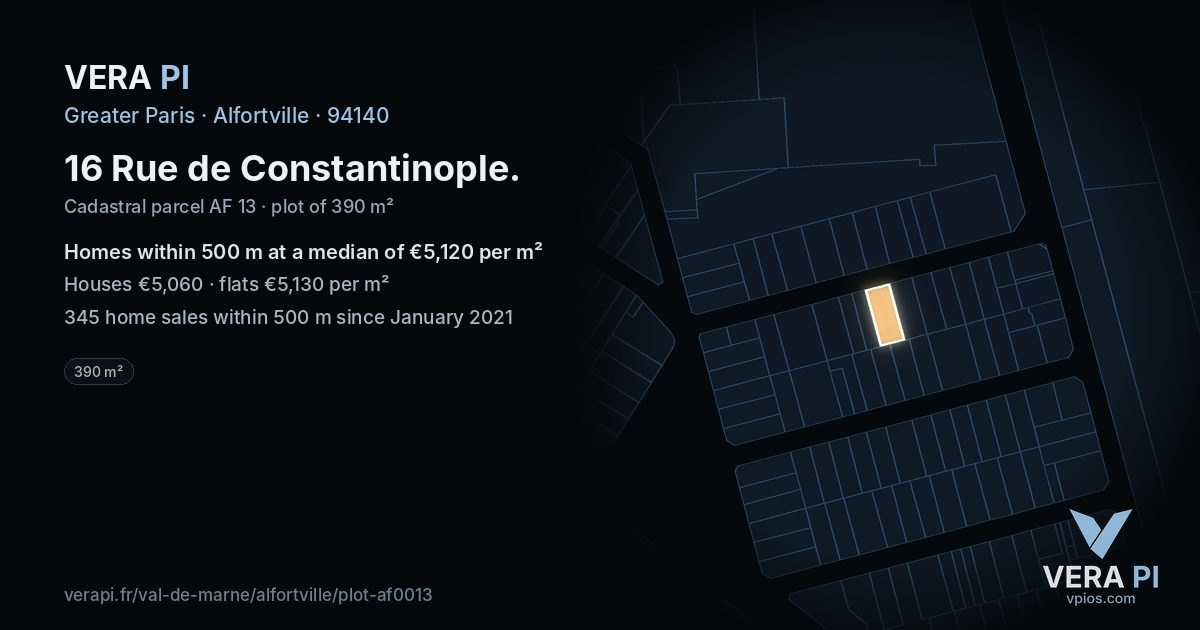 16 Rue de Constantinople, Alfortville at night – the plot lit, the parcels around coloured by the prices near them