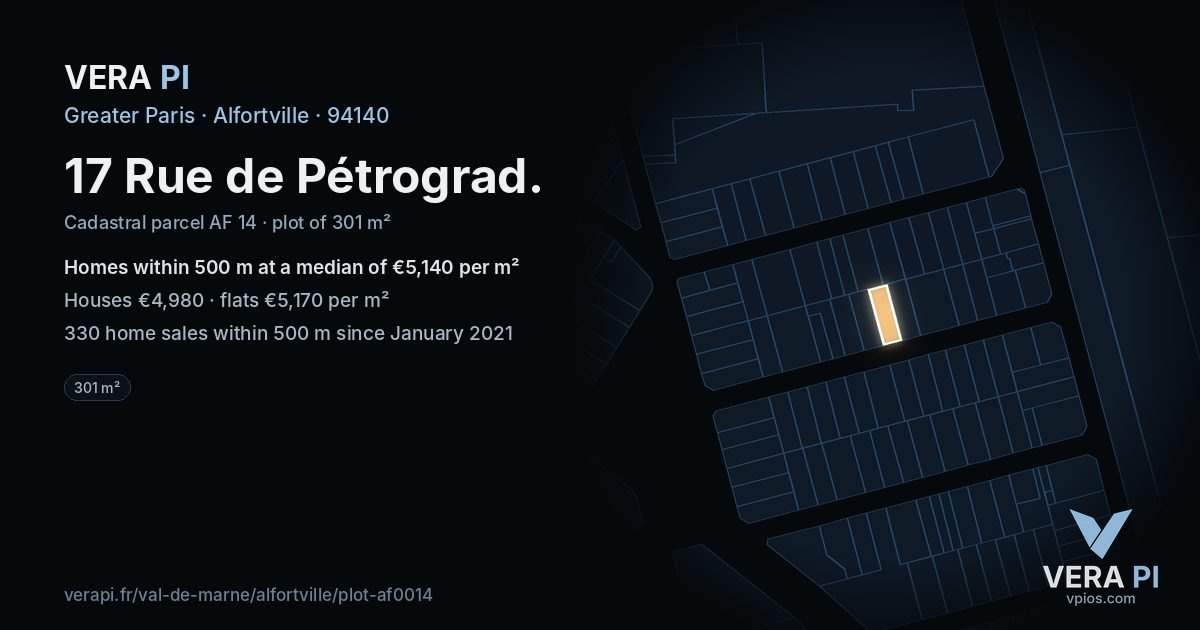 17 Rue de Pétrograd, Alfortville at night – the plot lit, the parcels around coloured by the prices near them