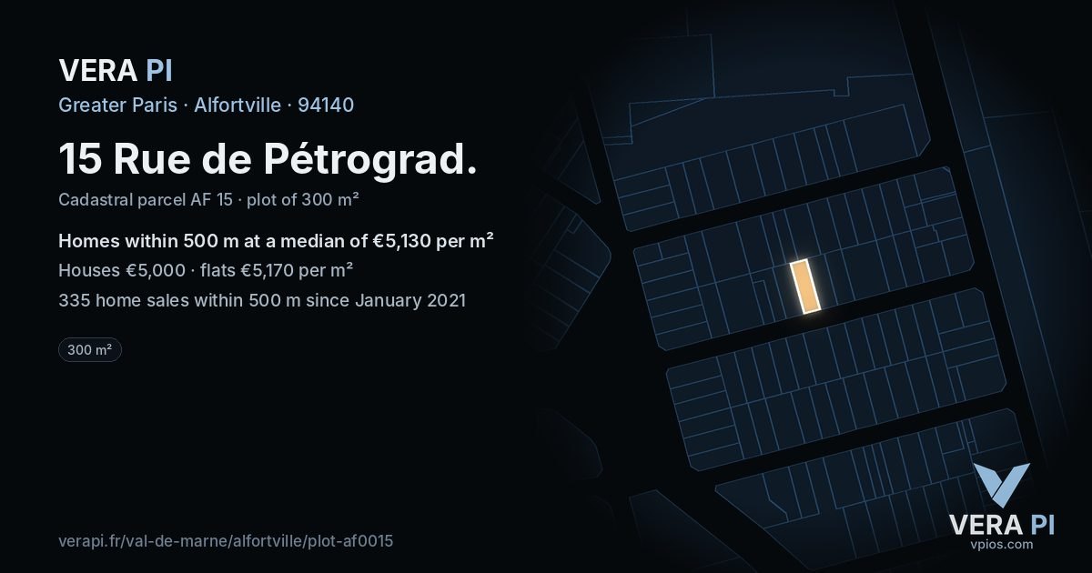 15 Rue de Pétrograd, Alfortville at night – the plot lit, the parcels around coloured by the prices near them