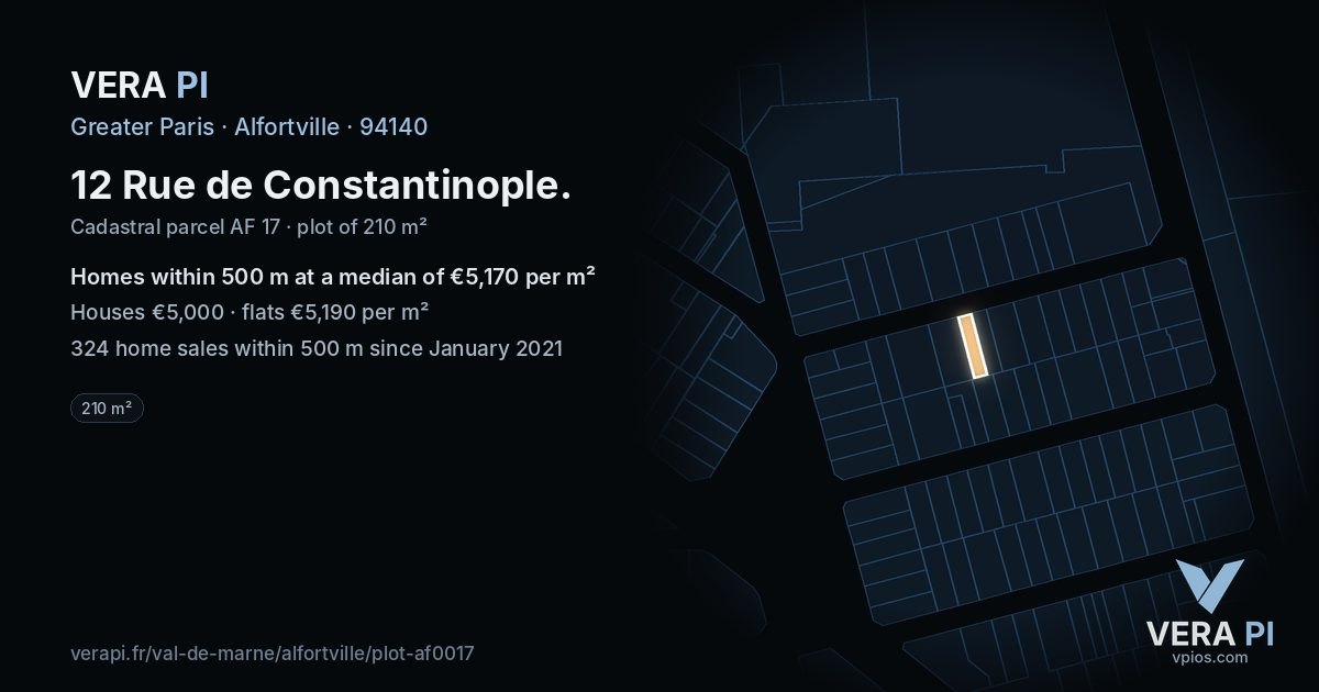 12 Rue de Constantinople, Alfortville at night – the plot lit, the parcels around coloured by the prices near them