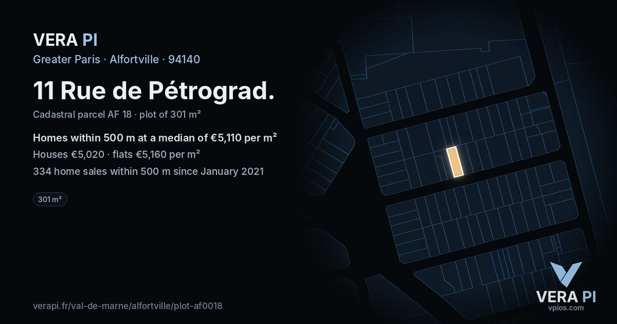 11 Rue de Pétrograd, Alfortville at night – the plot lit, the parcels around coloured by the prices near them