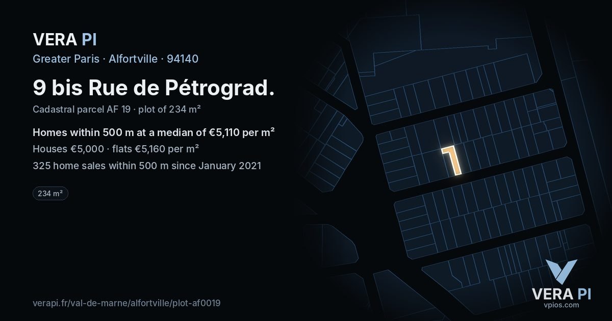 9 bis Rue de Pétrograd, Alfortville at night – the plot lit, the parcels around coloured by the prices near them