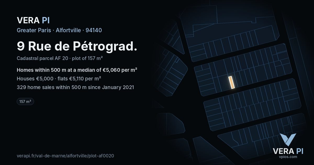 9 Rue de Pétrograd, Alfortville at night – the plot lit, the parcels around coloured by the prices near them