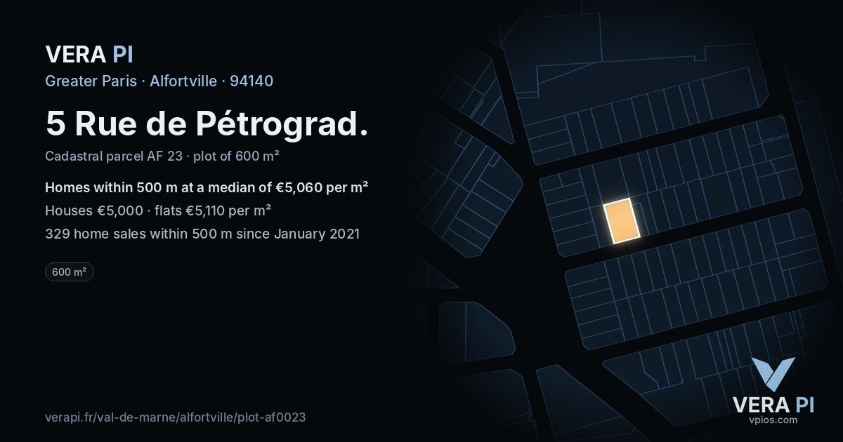 5 Rue de Pétrograd, Alfortville at night – the plot lit, the parcels around coloured by the prices near them
