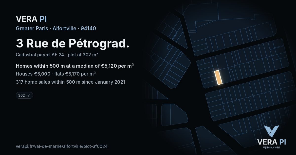 3 Rue de Pétrograd, Alfortville at night – the plot lit, the parcels around coloured by the prices near them