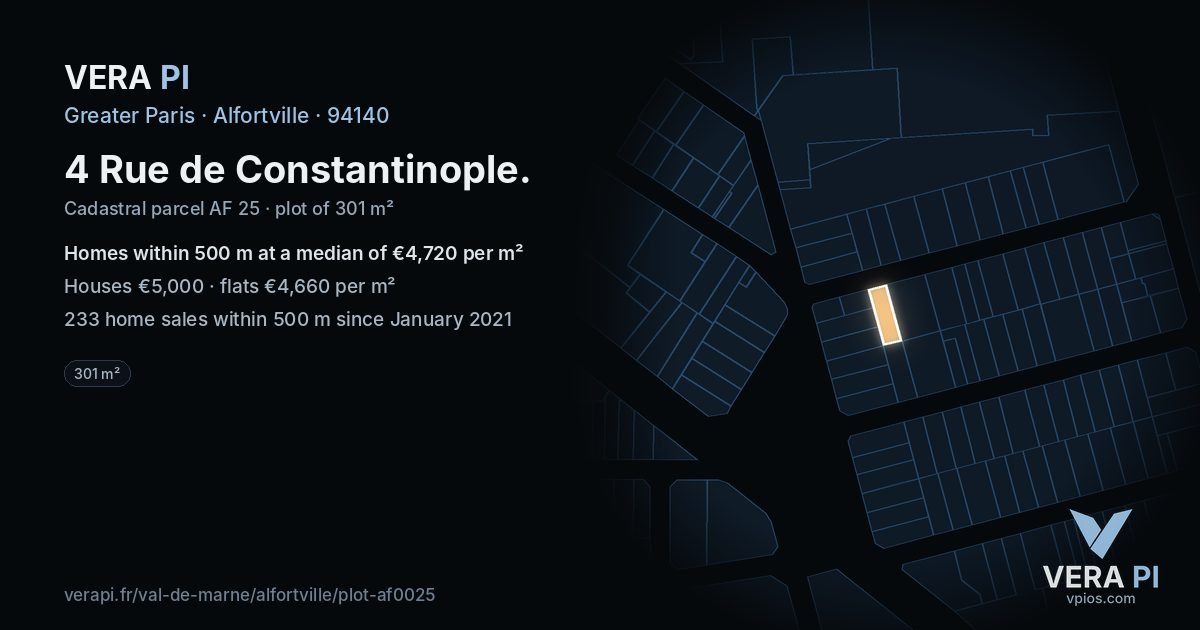 4 Rue de Constantinople, Alfortville at night – the plot lit, the parcels around coloured by the prices near them