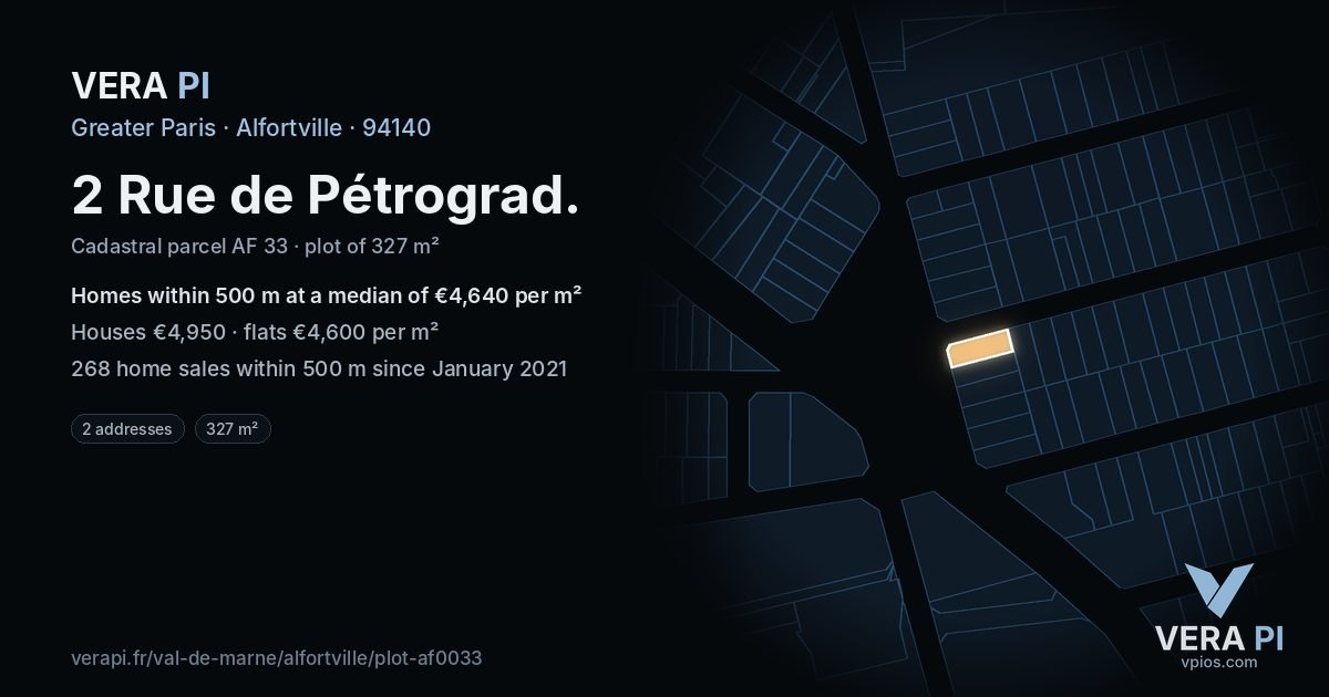 2 Rue de Pétrograd, Alfortville at night – the plot lit, the parcels around coloured by the prices near them