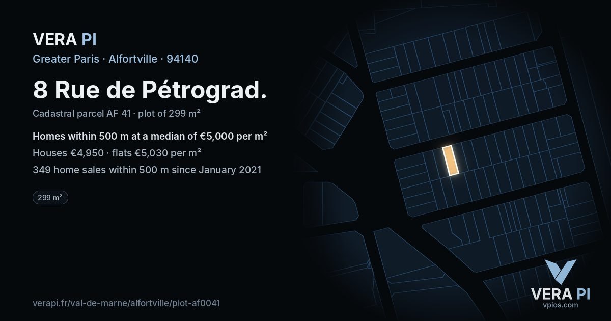 8 Rue de Pétrograd, Alfortville at night – the plot lit, the parcels around coloured by the prices near them