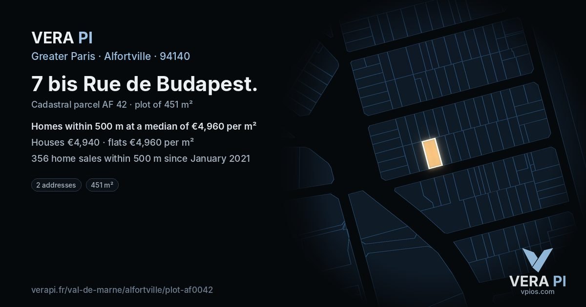 7 bis Rue de Budapest, Alfortville at night – the plot lit, the parcels around coloured by the prices near them