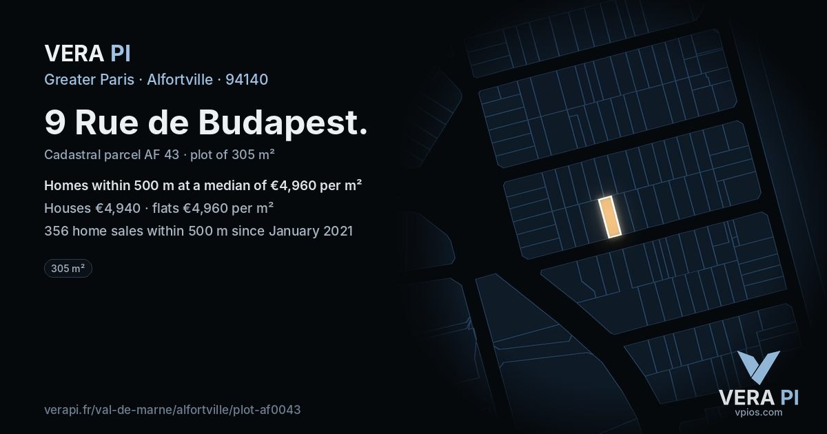 9 Rue de Budapest, Alfortville at night – the plot lit, the parcels around coloured by the prices near them