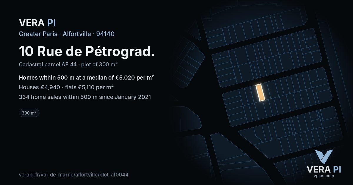 10 Rue de Pétrograd, Alfortville at night – the plot lit, the parcels around coloured by the prices near them