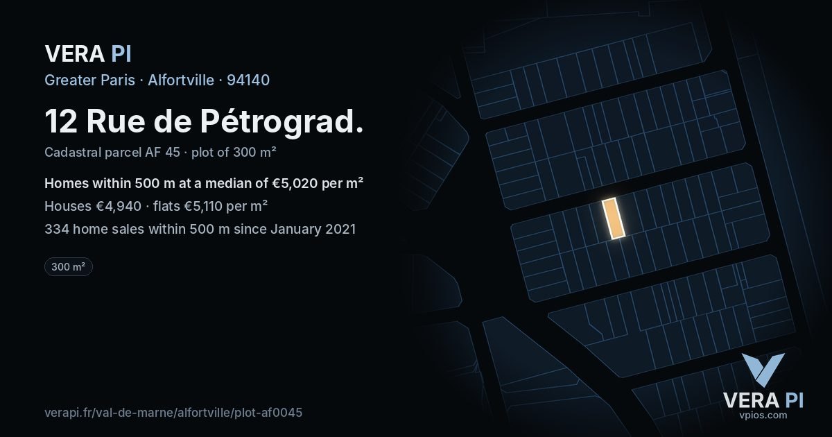 12 Rue de Pétrograd, Alfortville at night – the plot lit, the parcels around coloured by the prices near them