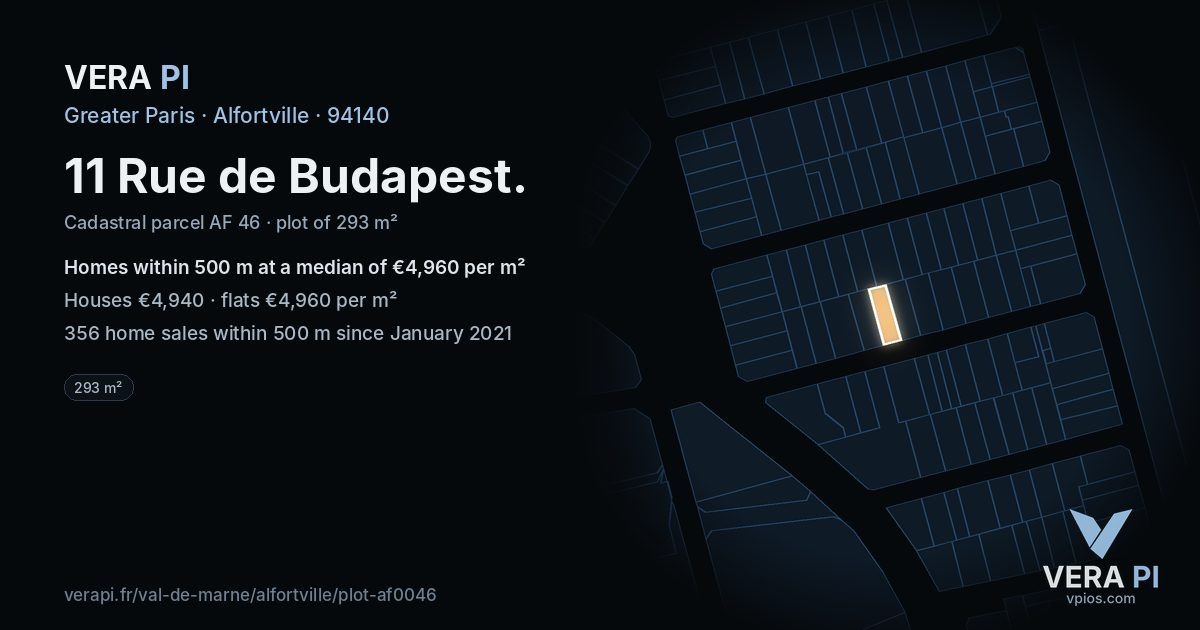 11 Rue de Budapest, Alfortville at night – the plot lit, the parcels around coloured by the prices near them