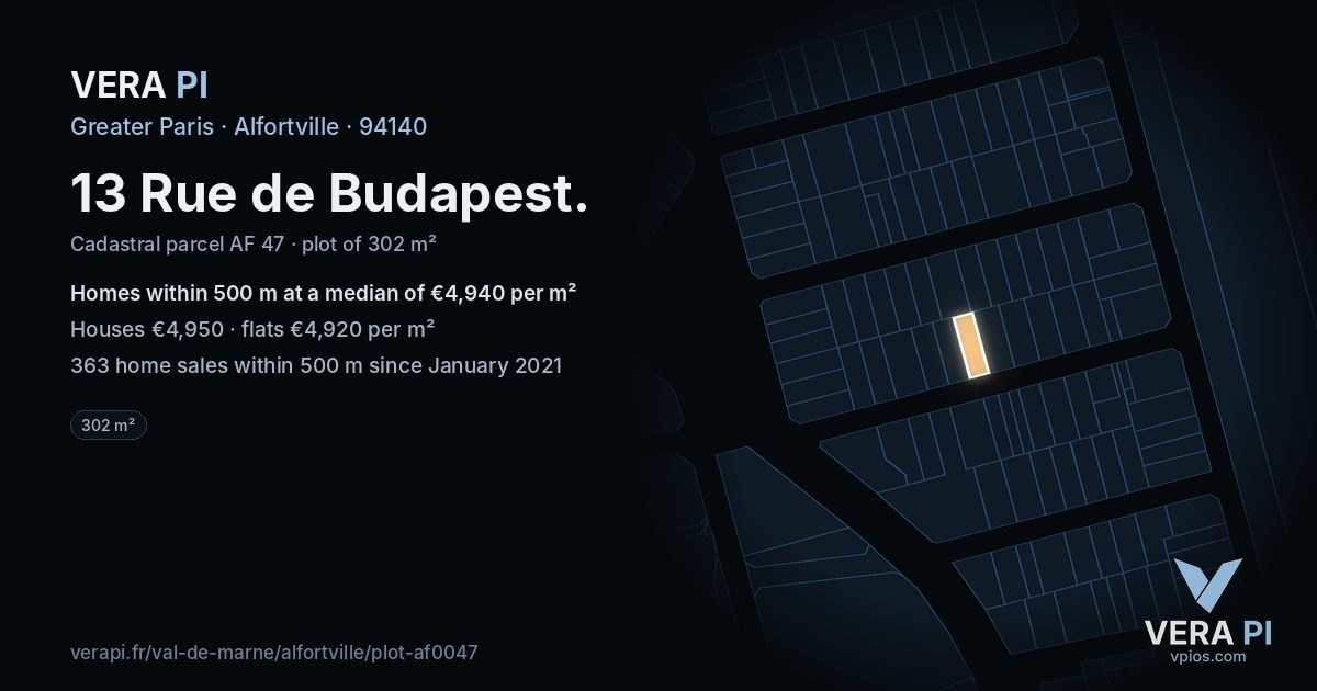 13 Rue de Budapest, Alfortville at night – the plot lit, the parcels around coloured by the prices near them