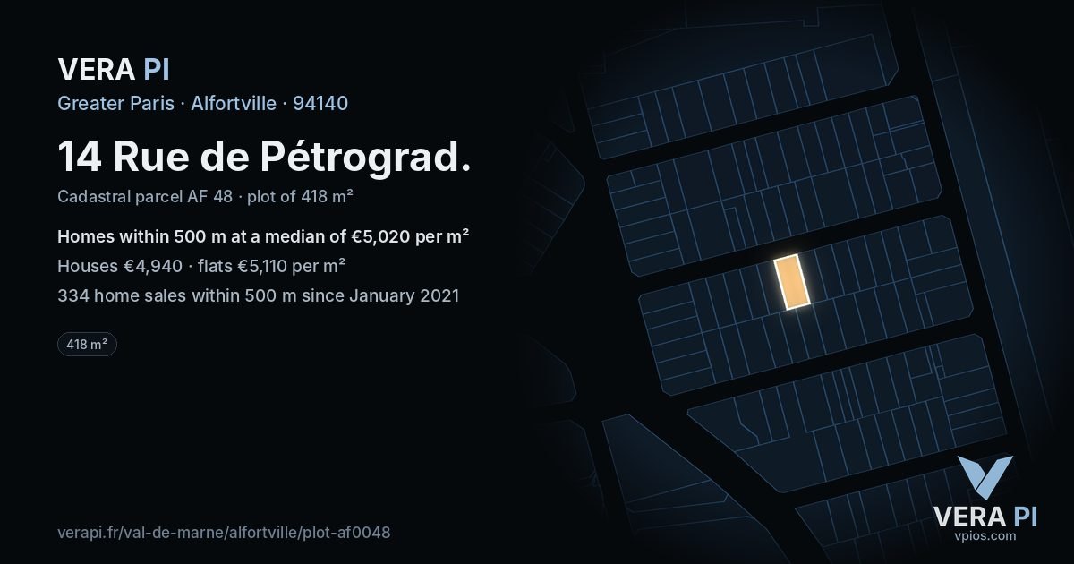 14 Rue de Pétrograd, Alfortville at night – the plot lit, the parcels around coloured by the prices near them