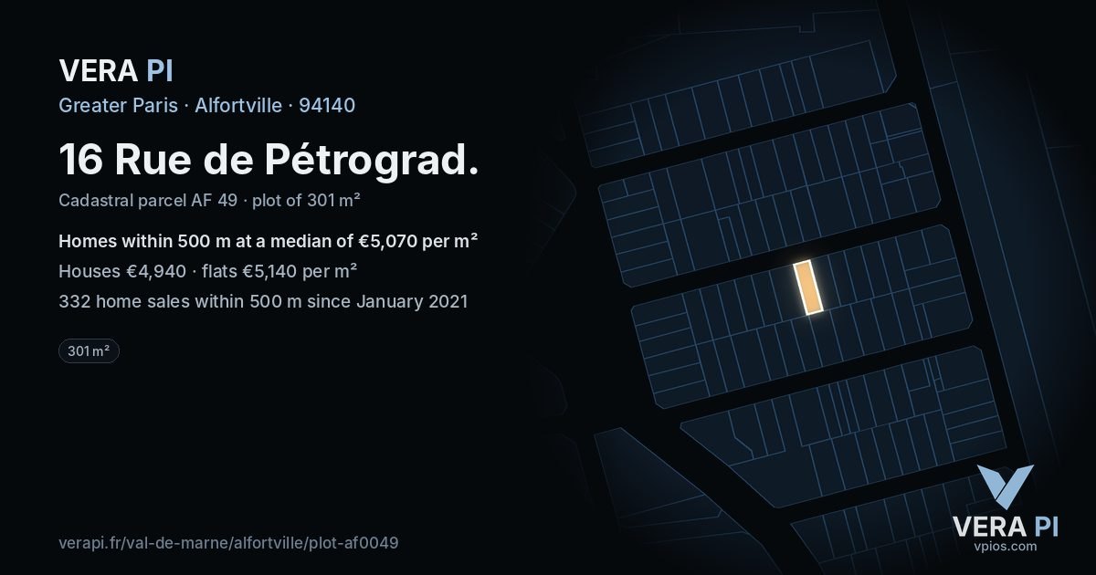 16 Rue de Pétrograd, Alfortville at night – the plot lit, the parcels around coloured by the prices near them