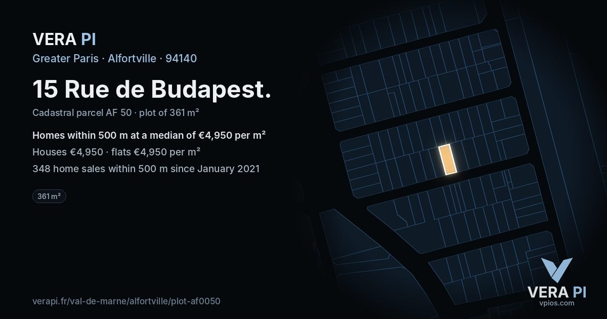 15 Rue de Budapest, Alfortville at night – the plot lit, the parcels around coloured by the prices near them