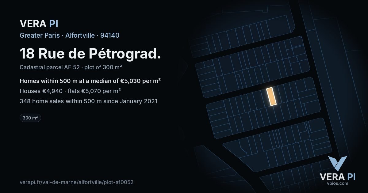 18 Rue de Pétrograd, Alfortville at night – the plot lit, the parcels around coloured by the prices near them