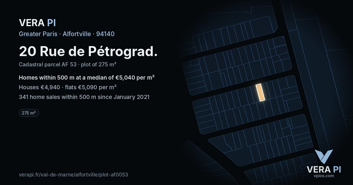 20 Rue de Pétrograd, Alfortville at night – the plot lit, the parcels around coloured by the prices near them