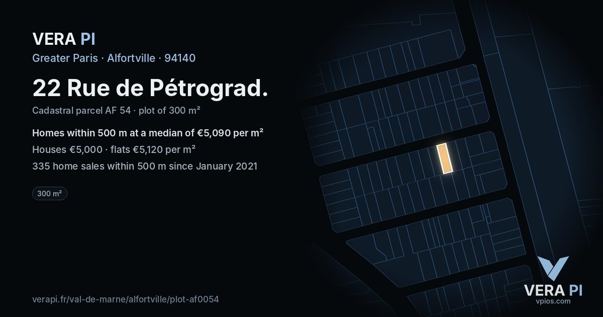22 Rue de Pétrograd, Alfortville at night – the plot lit, the parcels around coloured by the prices near them