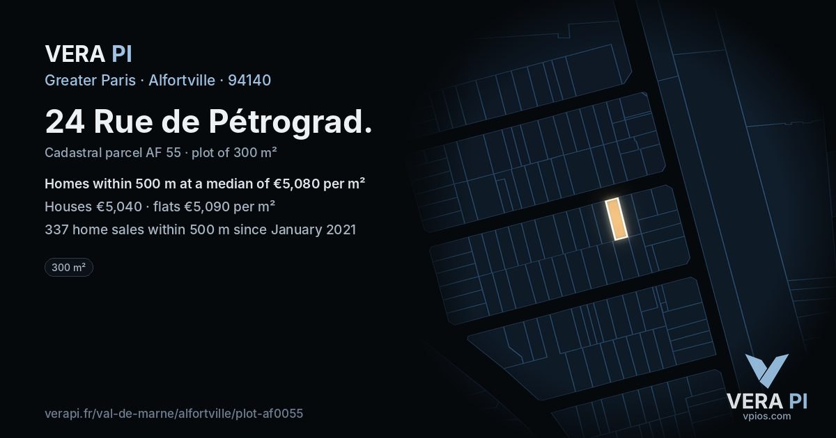 24 Rue de Pétrograd, Alfortville at night – the plot lit, the parcels around coloured by the prices near them