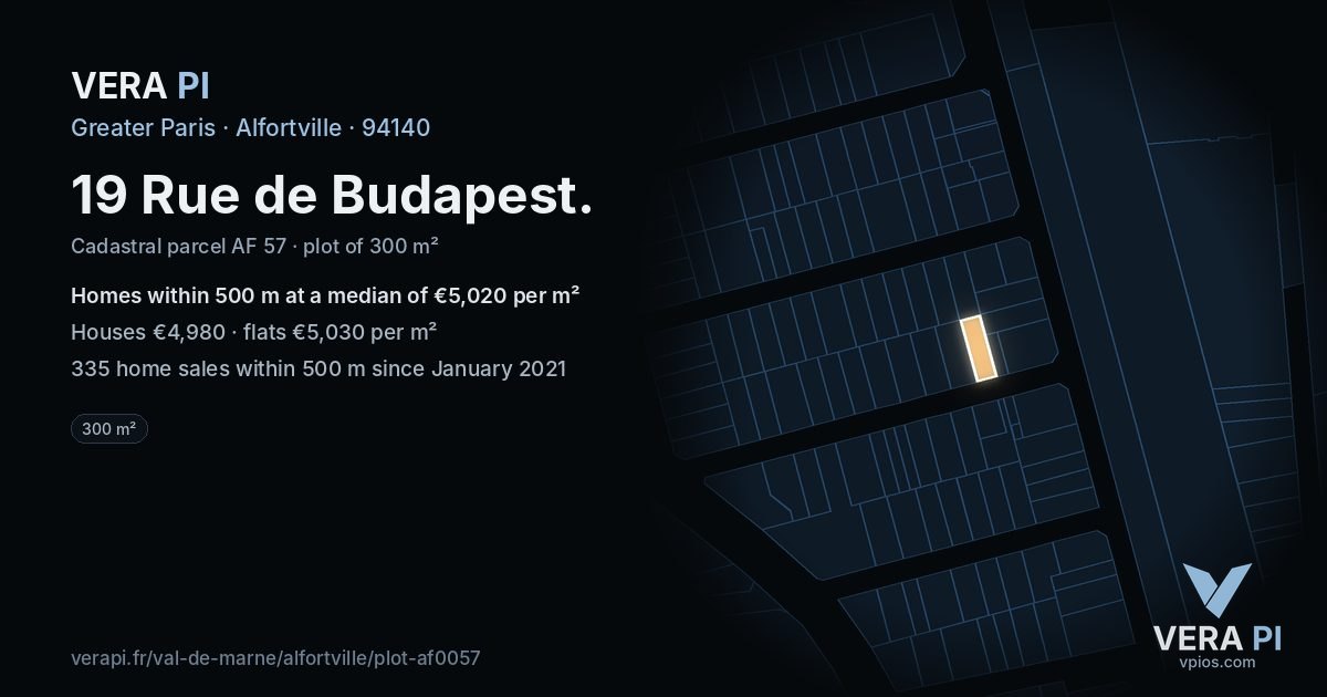 19 Rue de Budapest, Alfortville at night – the plot lit, the parcels around coloured by the prices near them