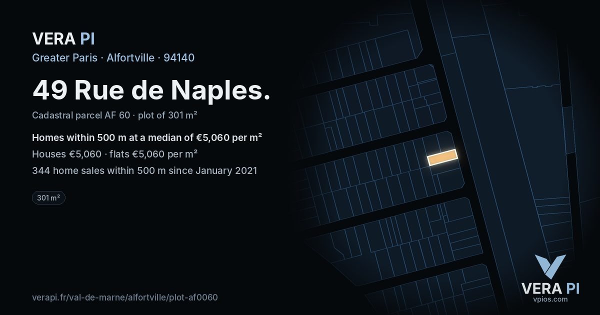 49 Rue de Naples, Alfortville at night – the plot lit, the parcels around coloured by the prices near them