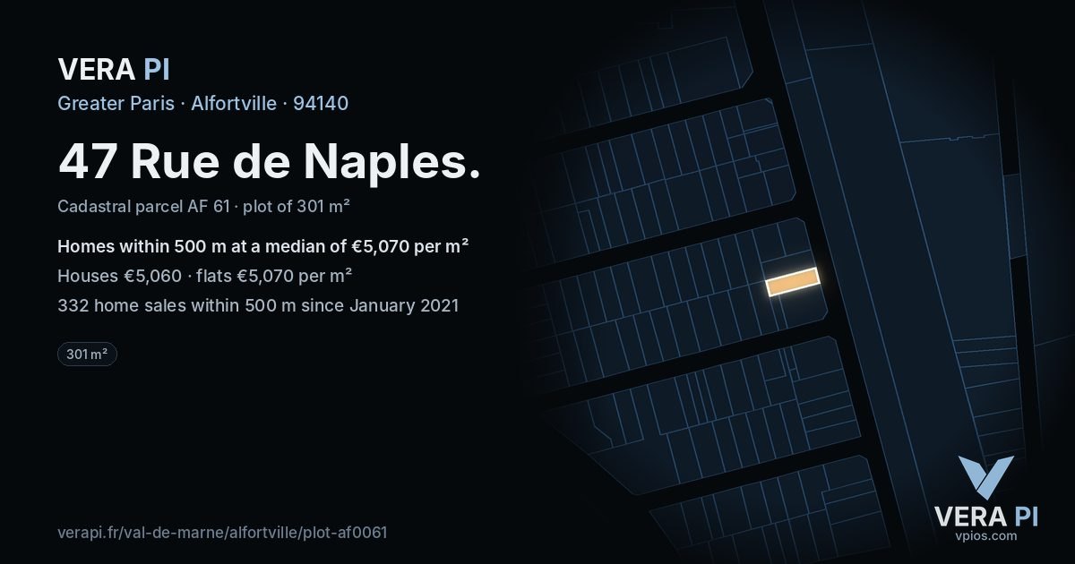 47 Rue de Naples, Alfortville at night – the plot lit, the parcels around coloured by the prices near them