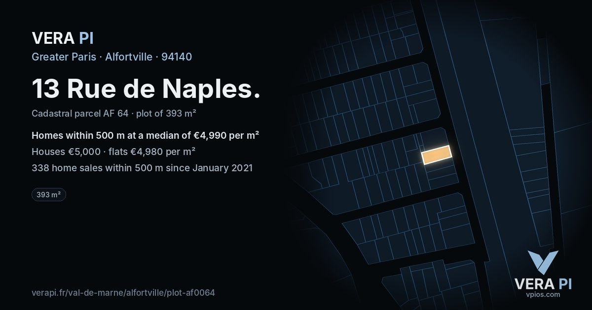 13 Rue de Naples, Alfortville at night – the plot lit, the parcels around coloured by the prices near them