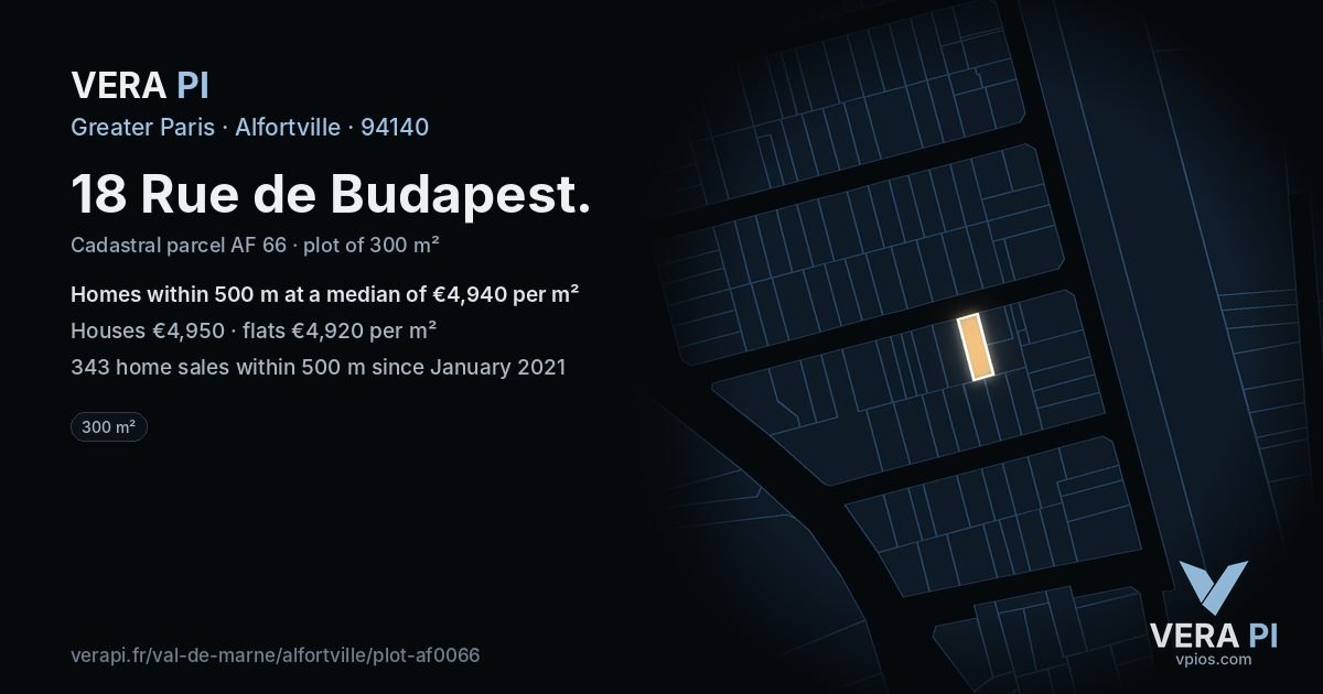 18 Rue de Budapest, Alfortville at night – the plot lit, the parcels around coloured by the prices near them