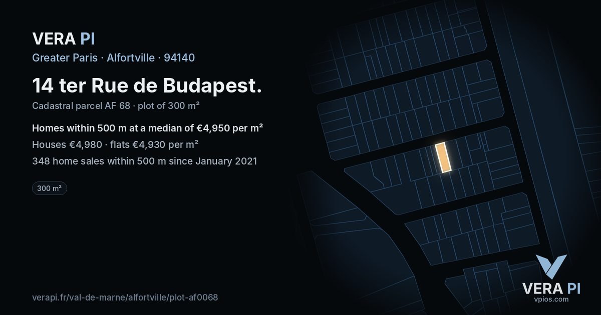 14 ter Rue de Budapest, Alfortville at night – the plot lit, the parcels around coloured by the prices near them